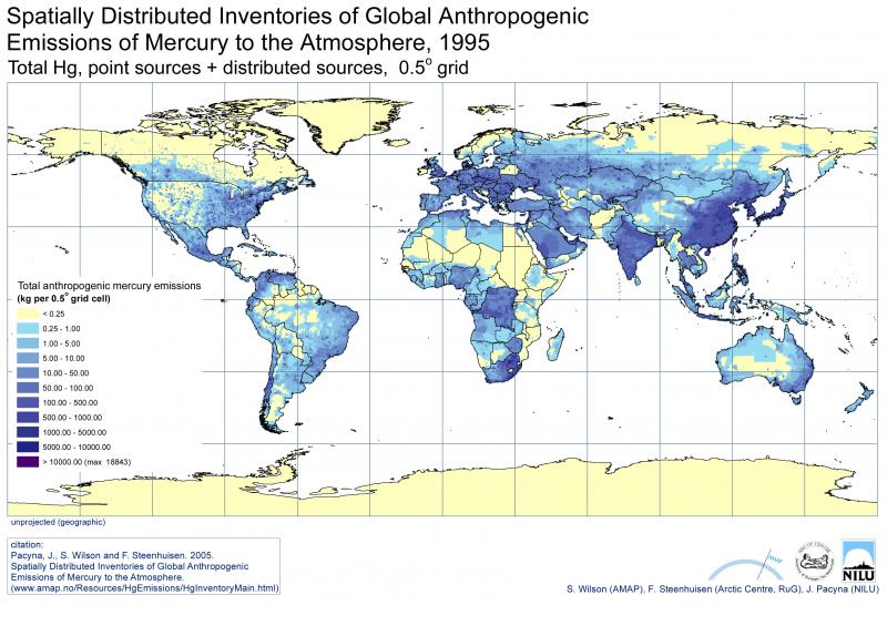 Map 2. 1995 anthropogenic emissions of mercury to the atmosphere